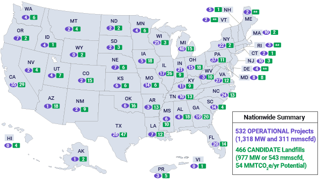 An image of the number of landfills per state. 